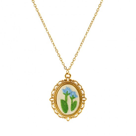 Immagine di Ovale Fiore Blu Fatto Ricamato Collana con Ciondolo All'Ingrosso, 18K Vero Oro Placcato 304 Acciaio Inossidabile Catena a Cavo, Donne PVD Ecologica Anti-Ossidante Ipoallergenico Stile Pastorale Elegante Regalo Gioielli Per Rivenditore, 45cm + 5cm Lunghezza, 1 Pz