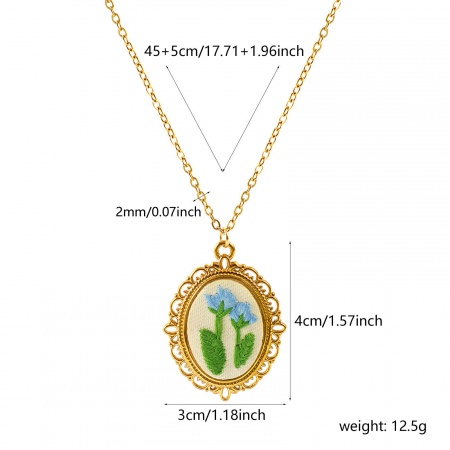 Picture of Wholesale Oval Flower Blue Handmade Embroidered Pendant Charm Necklace, 18K Real Gold Plated 304 Stainless Steel Link Cable Chain, Women's Eco-friendly PVD Anti-Tarnish Hypoallergenic Pastoral Style Stylish Gift Jewelry For Retailer, 45cm(17.7") + 5cm(2") long, 1 Piece