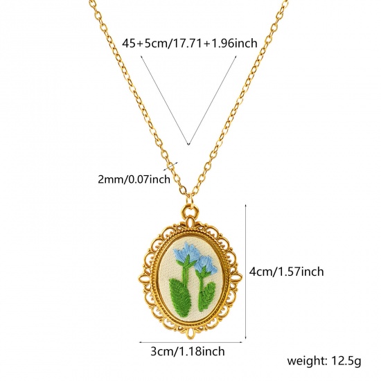 Immagine di Ovale Fiore Blu Fatto Ricamato Collana con Ciondolo All'Ingrosso, 18K Vero Oro Placcato 304 Acciaio Inossidabile Catena a Cavo, Donne PVD Ecologica Anti-Ossidante Ipoallergenico Stile Pastorale Elegante Regalo Gioielli Per Rivenditore, 45cm + 5cm Lunghezza, 1 Pz