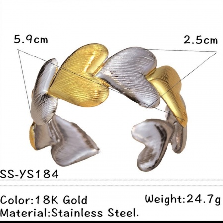 Picture of Wholesale Heart Two Tone 304 Stainless Steel Open Cuff Bangles Bracelets, Silver Tone & 18K Gold Plated Eco-friendly PVD, Women's Valentine's Day Stylish Gift Jewelry Supply, 5.9cm Dia., 1 Piece