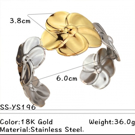 Picture of Wholesale Flower Two Tone 304 Stainless Steel Open Cuff Bangles Bracelets, Silver Tone & 18K Gold Plated Eco-friendly PVD, Women's Exquisite Stylish Gift Jewelry Supply, 6cm Dia., 1 Piece