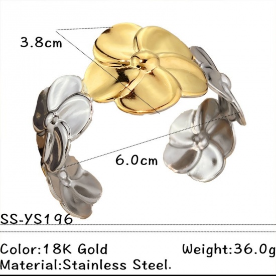 Picture of Wholesale Flower Two Tone 304 Stainless Steel Open Cuff Bangles Bracelets, Silver Tone & 18K Gold Plated Eco-friendly PVD, Women's Exquisite Stylish Gift Jewelry Supply, 6cm Dia., 1 Piece