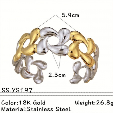 Picture of Wholesale Flower Two Tone 304 Stainless Steel Open Cuff Bangles Bracelets, Silver Tone & 18K Gold Plated Eco-friendly PVD, Women's Exquisite Stylish Gift Jewelry Supply, 5.9cm Dia., 1 Piece