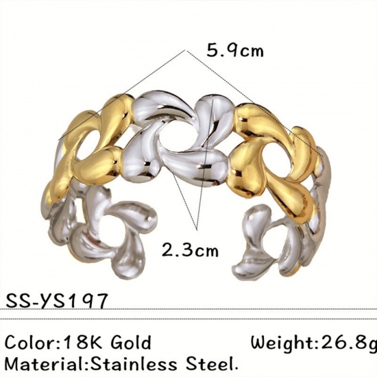 Picture of Wholesale Flower Two Tone 304 Stainless Steel Open Cuff Bangles Bracelets, Silver Tone & 18K Gold Plated Eco-friendly PVD, Women's Exquisite Stylish Gift Jewelry Supply, 5.9cm Dia., 1 Piece