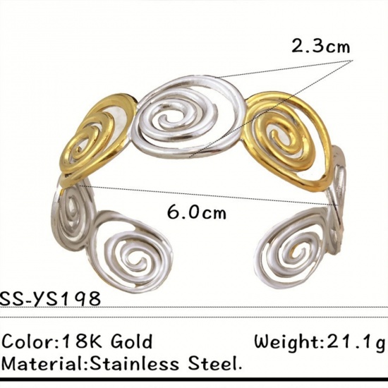 Picture of Wholesale Two Tone 304 Stainless Steel Open Cuff Bangles Bracelets, Silver Tone & 18K Gold Plated Eco-friendly PVD, Women's Exquisite Stylish Gift Jewelry Supply, 6cm Dia., 1 Piece