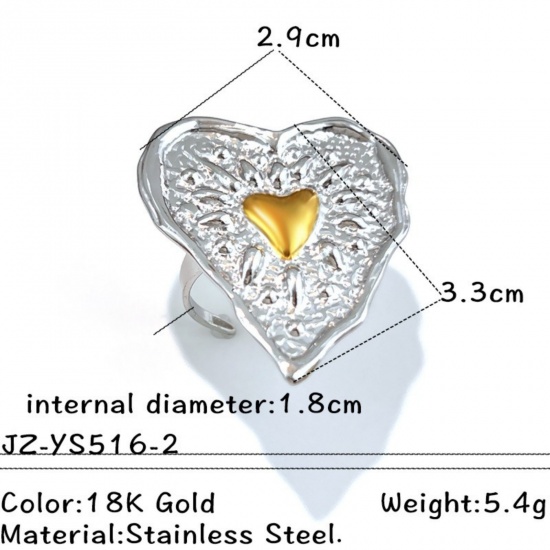 Picture of Wholesale Women's Gift Ex Voto Heart Two Tone Open Adjustable Rings, Silver Tone & 18K Gold Plated 304 Stainless Steel, Eco-friendly PVD Religious Stylish Jewelry Supply, 18mm(US Size 7.75), 1 Piece