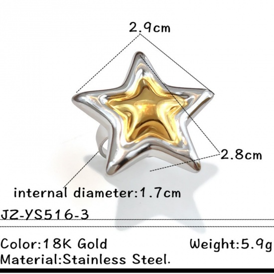 Picture of Wholesale Women's Gift Pentagram Star Two Tone Open Adjustable Rings, Silver Tone & 18K Gold Plated 304 Stainless Steel, Eco-friendly PVD Exquisite Stylish Jewelry Supply, 17mm(US Size 6.5), 1 Piece
