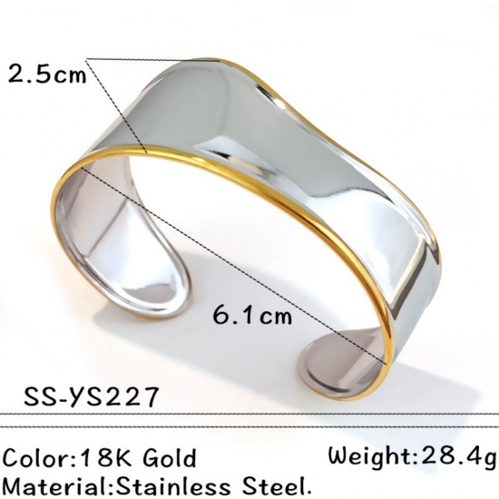 Immagine di Doppio Colore 304 Acciaio Inossidabile Aprire Braccialetti All'Ingrosso, Argento e Placcato Oro 18K PVD Ecologica, Donne Squisito Elegante Regalo Fornitura di Gioielli, 6.1cm Dia., 1 Pz