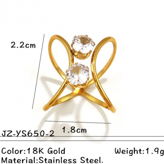 Picture of Wholesale Women's Gift Clear Cubic Zirconia Open Adjustable Rings, 18K Gold Plated 304 Stainless Steel, Eco-friendly PVD Exquisite Stylish Jewelry Supply, 18mm(US Size 7.75), 1 Piece