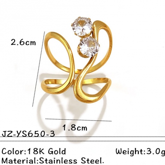 Picture of Wholesale Women's Gift Clear Cubic Zirconia Open Adjustable Rings, 18K Gold Plated 304 Stainless Steel, Eco-friendly PVD Exquisite Stylish Jewelry Supply, 18mm(US Size 7.75), 1 Piece