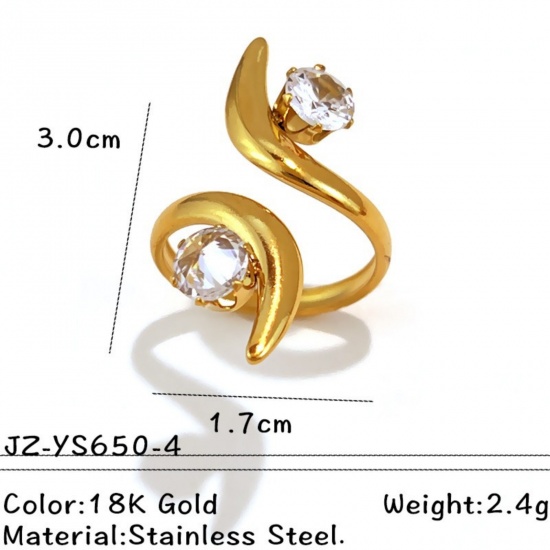 Picture of Wholesale Women's Gift Clear Cubic Zirconia Open Adjustable Rings, 18K Gold Plated 304 Stainless Steel, Eco-friendly PVD Exquisite Stylish Jewelry Supply, 17mm(US Size 6.5), 1 Piece
