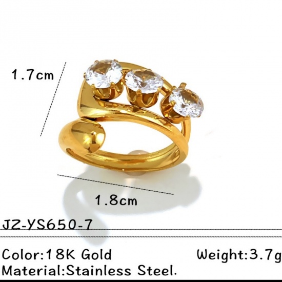 Picture of Wholesale Women's Gift Clear Cubic Zirconia Open Adjustable Rings, 18K Gold Plated 304 Stainless Steel, Eco-friendly PVD Exquisite Stylish Jewelry Supply, 18mm(US Size 7.75), 1 Piece