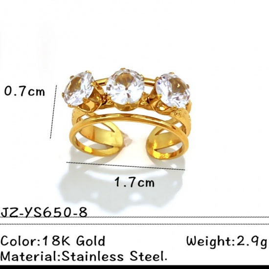 Picture of Wholesale Women's Gift Clear Cubic Zirconia Open Adjustable Rings, 18K Gold Plated 304 Stainless Steel, Eco-friendly PVD Exquisite Stylish Jewelry Supply, 17mm(US Size 6.5), 1 Piece