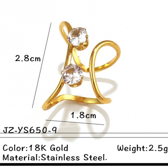 Picture of Wholesale Women's Gift Clear Cubic Zirconia Open Adjustable Rings, 18K Gold Plated 304 Stainless Steel, Eco-friendly PVD Exquisite Stylish Jewelry Supply, 18mm(US Size 7.75), 1 Piece