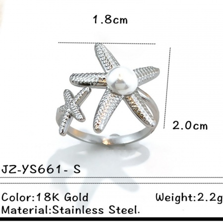 Picture of Wholesale Women's Gift Starfish Imitation Pearl Open Adjustable Rings, Silver Tone 304 Stainless Steel, Eco-friendly Ocean Jewelry Stylish Jewelry Supply, 18mm(US Size 7.75), 1 Piece