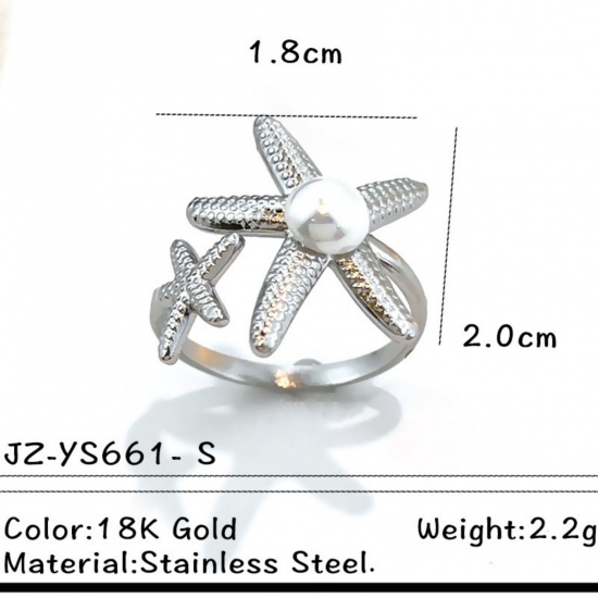Picture of Wholesale Women's Gift Starfish Imitation Pearl Open Adjustable Rings, Silver Tone 304 Stainless Steel, Eco-friendly Ocean Jewelry Stylish Jewelry Supply, 18mm(US Size 7.75), 1 Piece