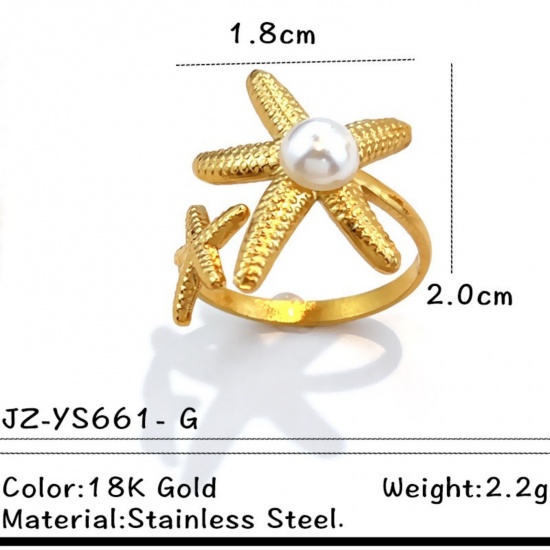 Picture of Wholesale Women's Gift Starfish Imitation Pearl Open Adjustable Rings, 18K Gold Plated 304 Stainless Steel, Eco-friendly PVD Ocean Jewelry Stylish Jewelry Supply, 18mm(US Size 7.75), 1 Piece