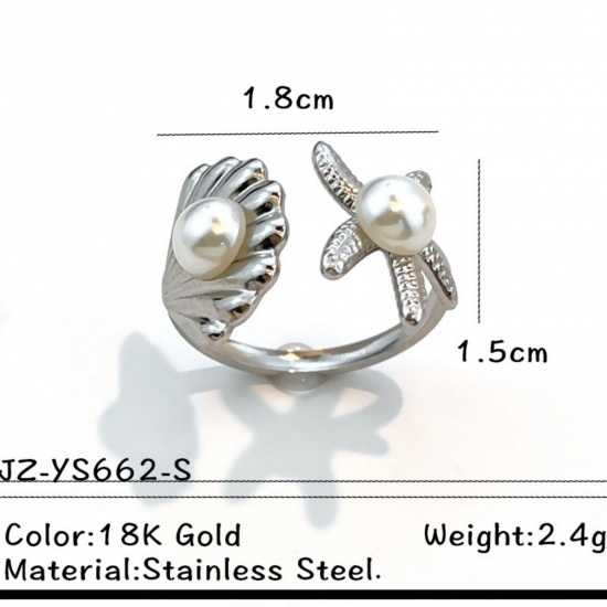Picture of Wholesale Women's Gift Starfish Shell Imitation Pearl Open Adjustable Rings, Silver Tone 304 Stainless Steel, Eco-friendly Ocean Jewelry Stylish Jewelry Supply, 18mm(US Size 7.75), 1 Piece