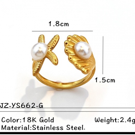 Picture of Wholesale Women's Gift Starfish Shell Imitation Pearl Open Adjustable Rings, 18K Gold Plated 304 Stainless Steel, Eco-friendly PVD Ocean Jewelry Stylish Jewelry Supply, 18mm(US Size 7.75), 1 Piece
