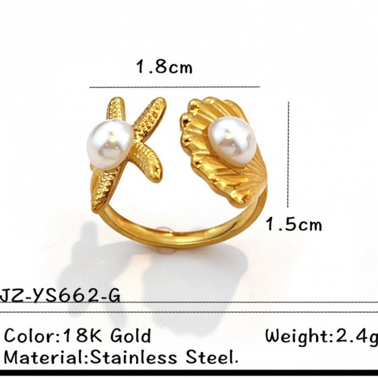 Picture of Wholesale Women's Gift Starfish Shell Imitation Pearl Open Adjustable Rings, 18K Gold Plated 304 Stainless Steel, Eco-friendly PVD Ocean Jewelry Stylish Jewelry Supply, 18mm(US Size 7.75), 1 Piece