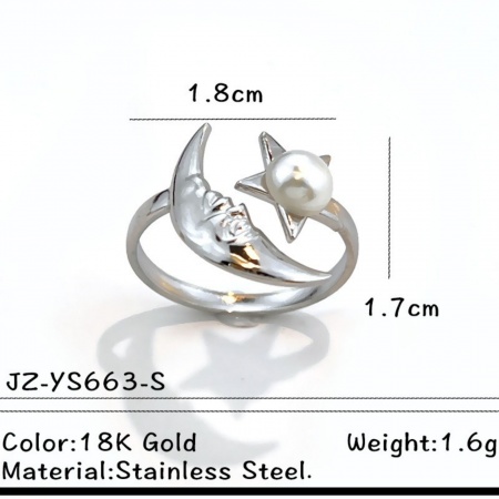 Picture of Wholesale Women's Gift Half Moon Star Imitation Pearl Open Adjustable Rings, Silver Tone 304 Stainless Steel, Eco-friendly Galaxy Stylish Jewelry Supply, 18mm(US Size 7.75), 1 Piece