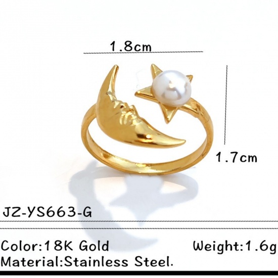 Picture of Wholesale Women's Gift Half Moon Star Imitation Pearl Open Adjustable Rings, 18K Gold Plated 304 Stainless Steel, Eco-friendly PVD Galaxy Stylish Jewelry Supply, 18mm(US Size 7.75), 1 Piece