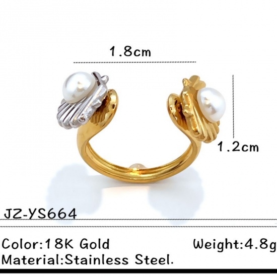 Picture of Wholesale Women's Gift Shell Imitation Pearl Open Adjustable Rings, Silver Tone & 18K Gold Plated 304 Stainless Steel, Eco-friendly PVD Ocean Jewelry Stylish Jewelry Supply, 18mm(US Size 7.75), 1 Piece