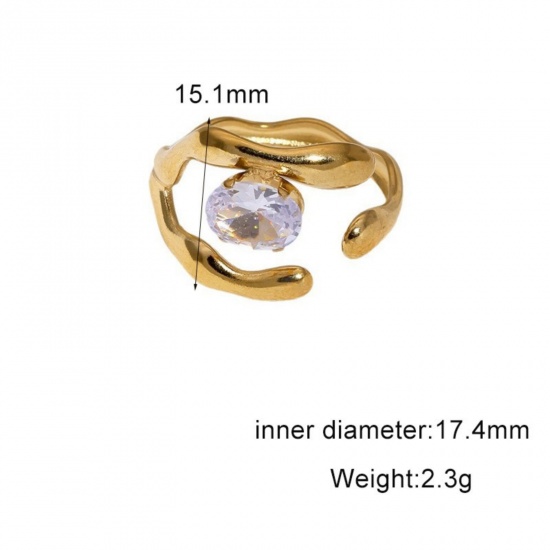 Picture of Wholesale Women's Gift Clear Rhinestone Open Adjustable Rings, 18K Gold Plated 304 Stainless Steel, Eco-friendly PVD Exquisite Stylish Jewelry Supply, 17.4mm(US Size 7), 1 Piece
