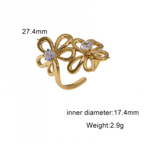 Picture of Wholesale Women's Gift Flower Clear Rhinestone Open Adjustable Rings, 18K Gold Plated 304 Stainless Steel, Eco-friendly PVD Exquisite Stylish Jewelry Supply, 17.4mm(US Size 7), 1 Piece