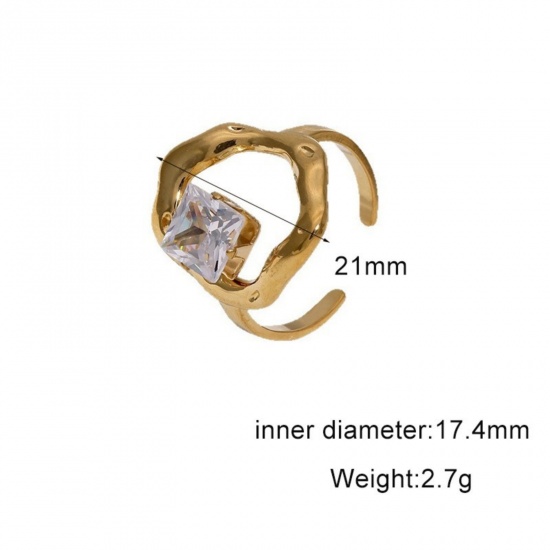 Picture of Wholesale Women's Gift Clear Rhinestone Open Adjustable Rings, 18K Gold Plated 304 Stainless Steel, Eco-friendly PVD Exquisite Stylish Jewelry Supply, 17.4mm(US Size 7), 1 Piece