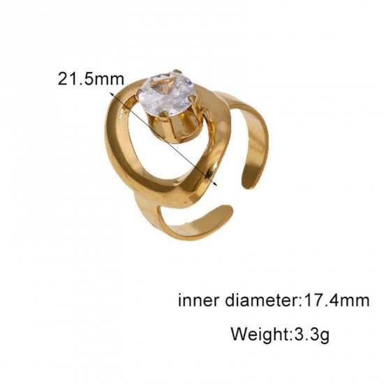 Picture of Wholesale Women's Gift Clear Rhinestone Open Adjustable Rings, 18K Gold Plated 304 Stainless Steel, Eco-friendly PVD Exquisite Stylish Jewelry Supply, 17.4mm(US Size 7), 1 Piece