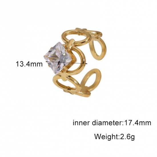 Picture of Wholesale Women's Gift Clear Rhinestone Open Adjustable Rings, 18K Gold Plated 304 Stainless Steel, Eco-friendly PVD Exquisite Stylish Jewelry Supply, 17.4mm(US Size 7), 1 Piece