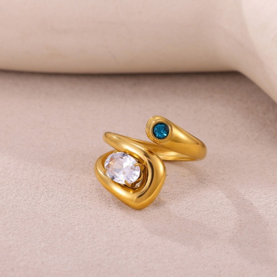 Picture of Wholesale Women's Gift Clear & Green Rhinestone Open Adjustable Rings, 18K Gold Plated 304 Stainless Steel, Eco-friendly PVD Exquisite Stylish Jewelry Supply, 17mm(US Size 6.5), 1 Piece