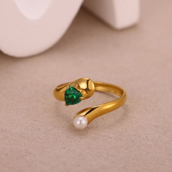 Picture of Wholesale Women's Gift Green Rhinestone Imitation Pearl Open Adjustable Rings, 18K Gold Plated 304 Stainless Steel, Eco-friendly PVD Exquisite Stylish Jewelry Supply, 17mm(US Size 6.5), 1 Piece