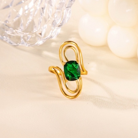 Imagen de Mujeres Regalo Verde Rhinestone Abierto Ajustable Anillos Al Por Mayor, Chapado en Oro de 18K 304 Acero Inoxidable, PVD Ecológico Exquisito Elegante Suministro de Joyería, 17mm (US size 6.5), 1 Unidad