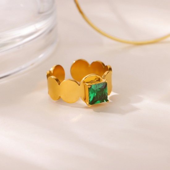 Picture of Wholesale Women's Gift Green Rhinestone Open Adjustable Rings, 18K Gold Plated 304 Stainless Steel, Eco-friendly PVD Exquisite Stylish Jewelry Supply, 17mm(US Size 6.5), 1 Piece