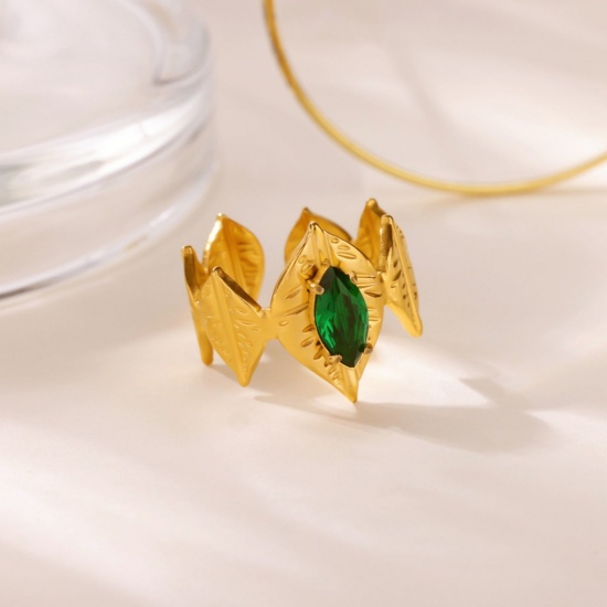 Picture of Wholesale Women's Gift Rhombus Green Rhinestone Open Adjustable Rings, 18K Gold Plated 304 Stainless Steel, Eco-friendly PVD Exquisite Stylish Jewelry Supply, 17mm(US Size 6.5), 1 Piece