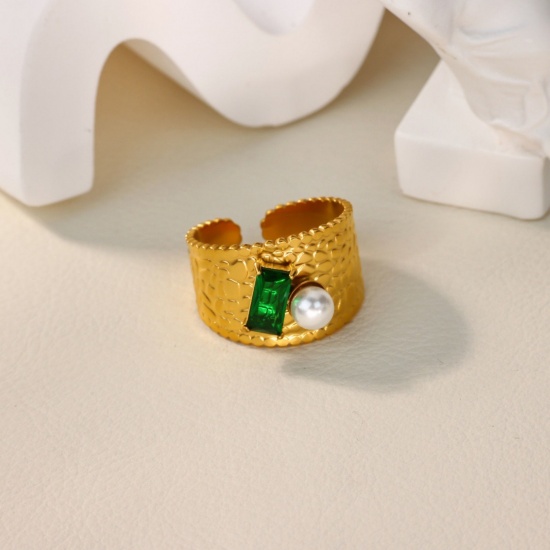 Picture of Wholesale Women's Gift Green Rhinestone Imitation Pearl Open Adjustable Rings, 18K Gold Plated 304 Stainless Steel, Eco-friendly PVD Exquisite Stylish Jewelry Supply, 17mm(US Size 6.5), 1 Piece