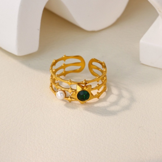 Picture of Wholesale Women's Gift Green Rhinestone Imitation Pearl Open Adjustable Rings, 18K Gold Plated 304 Stainless Steel, Eco-friendly PVD Exquisite Stylish Jewelry Supply, 17mm(US Size 6.5), 1 Piece