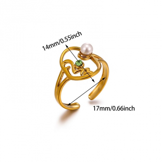 Picture of Wholesale Women's Gift Green Rhinestone Imitation Pearl Open Adjustable Rings, 18K Gold Plated 304 Stainless Steel, Eco-friendly PVD Exquisite Stylish Jewelry Supply, 17mm(US Size 6.5), 1 Piece