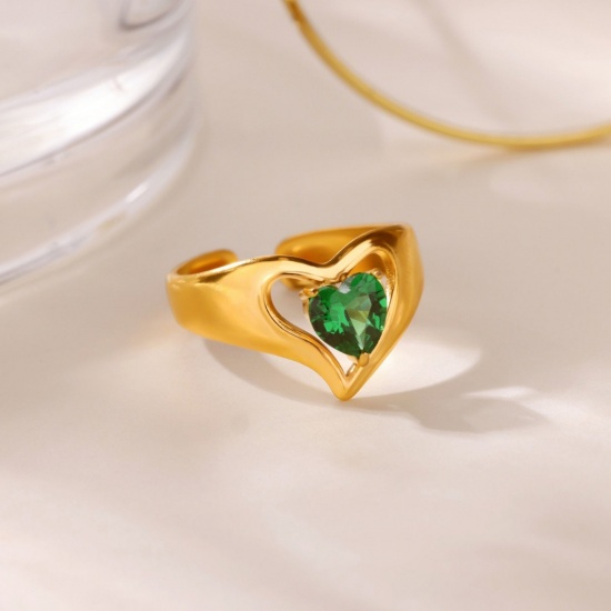 Picture of Wholesale Women's Gift Heart Green Rhinestone Open Adjustable Rings, 18K Gold Plated 304 Stainless Steel, Eco-friendly PVD Valentine's Day Stylish Jewelry Supply, 17mm(US Size 6.5), 1 Piece