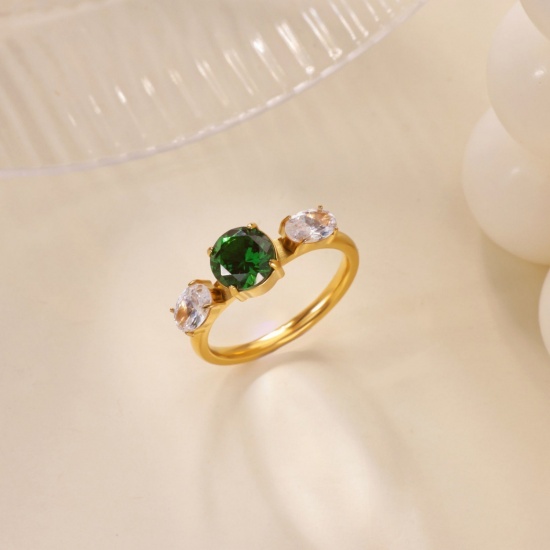 Picture of Wholesale Women's Gift Clear & Green Rhinestone Open Adjustable Rings, 18K Gold Plated 304 Stainless Steel, Eco-friendly PVD Exquisite Stylish Jewelry Supply, 17mm(US Size 6.5), 1 Piece