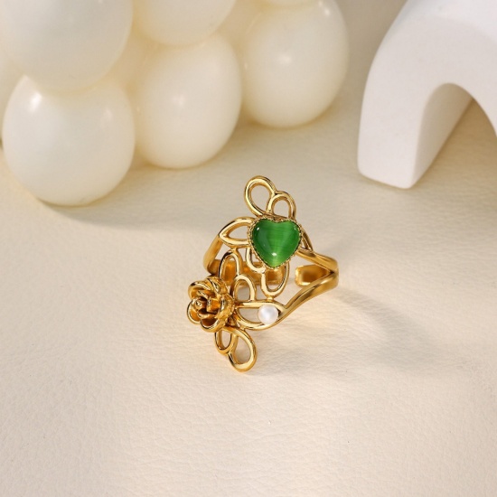 Picture of Wholesale Women's Gift Flower Green Rhinestone Imitation Pearl Open Adjustable Rings, 18K Gold Plated 304 Stainless Steel, Eco-friendly PVD Exquisite Stylish Jewelry Supply, 17mm(US Size 6.5), 1 Piece