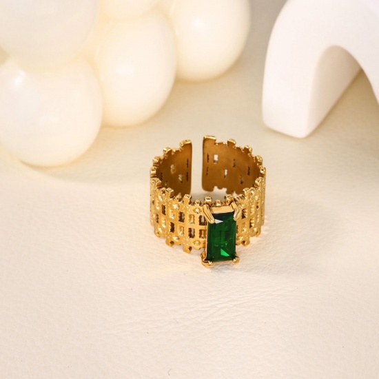 Picture of Wholesale Women's Gift Green Rhinestone Open Adjustable Rings, 18K Gold Plated 304 Stainless Steel, Eco-friendly PVD Exquisite Stylish Jewelry Supply, 17mm(US Size 6.5), 1 Piece