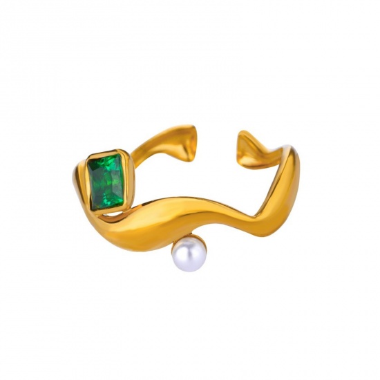 Picture of Wholesale Women's Gift Green Rhinestone Imitation Pearl Open Adjustable Rings, 18K Gold Plated 304 Stainless Steel, Eco-friendly PVD Exquisite Stylish Jewelry Supply, 17mm(US Size 6.5), 1 Piece