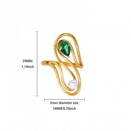 Picture of Wholesale Women's Gift S Shaped Green Rhinestone Imitation Pearl Open Adjustable Rings, 18K Gold Plated 304 Stainless Steel, Eco-friendly PVD Exquisite Stylish Jewelry Supply, 18mm(US Size 7.75), 1 Piece