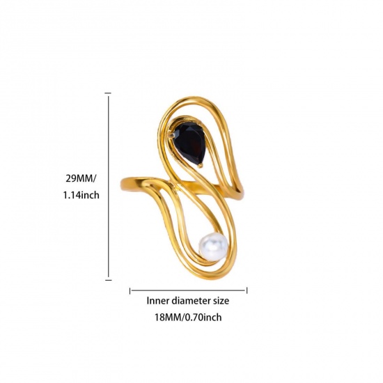 Picture of Wholesale Women's Gift S Shaped Black Rhinestone Imitation Pearl Open Adjustable Rings, 18K Gold Plated 304 Stainless Steel, Eco-friendly PVD Exquisite Stylish Jewelry Supply, 18mm(US Size 7.75), 1 Piece