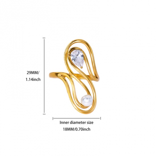 Picture of Wholesale Women's Gift S Shaped Clear Rhinestone Imitation Pearl Open Adjustable Rings, 18K Gold Plated 304 Stainless Steel, Eco-friendly PVD Exquisite Stylish Jewelry Supply, 18mm(US Size 7.75), 1 Piece
