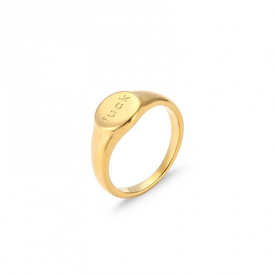 Picture of Wholesale Unisex Gift Message " FUCK OFF " Polished Unadjustable Rings, 18K Gold Plated 304 Stainless Steel, PVD Exquisite Stylish Jewelry Supply, 18.1mm(US Size 8), 1 Piece