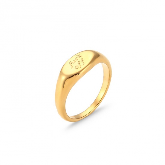 Picture of Wholesale Unisex Gift Message " FUCK OFF " Polished Unadjustable Rings, 18K Gold Plated 304 Stainless Steel, PVD Exquisite Stylish Jewelry Supply, 16.5mm(US Size 6), 1 Piece